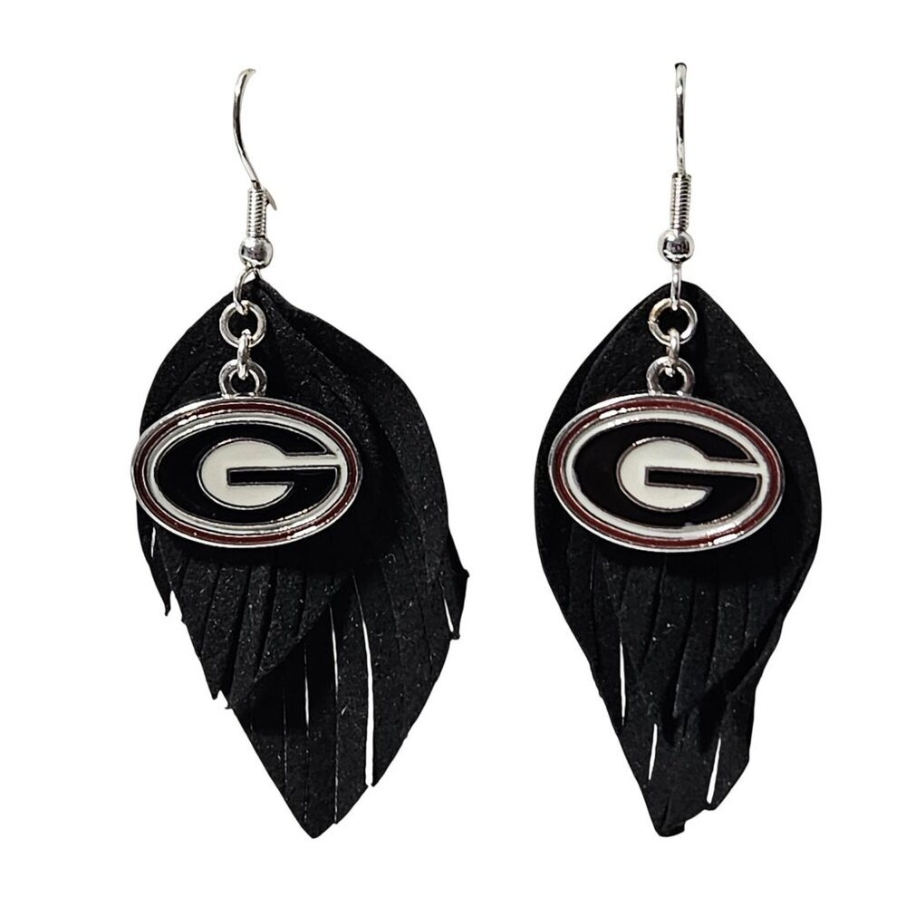Georgia Bulldogs Black Leather Feather Dangle Earrings Logo Charm Handcrafted